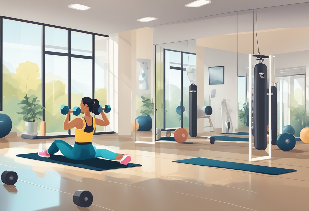 A person exercising in a gym with weights, yoga mat, and water bottle nearby. Mirror reflects healthy lifestyle posters on the wall