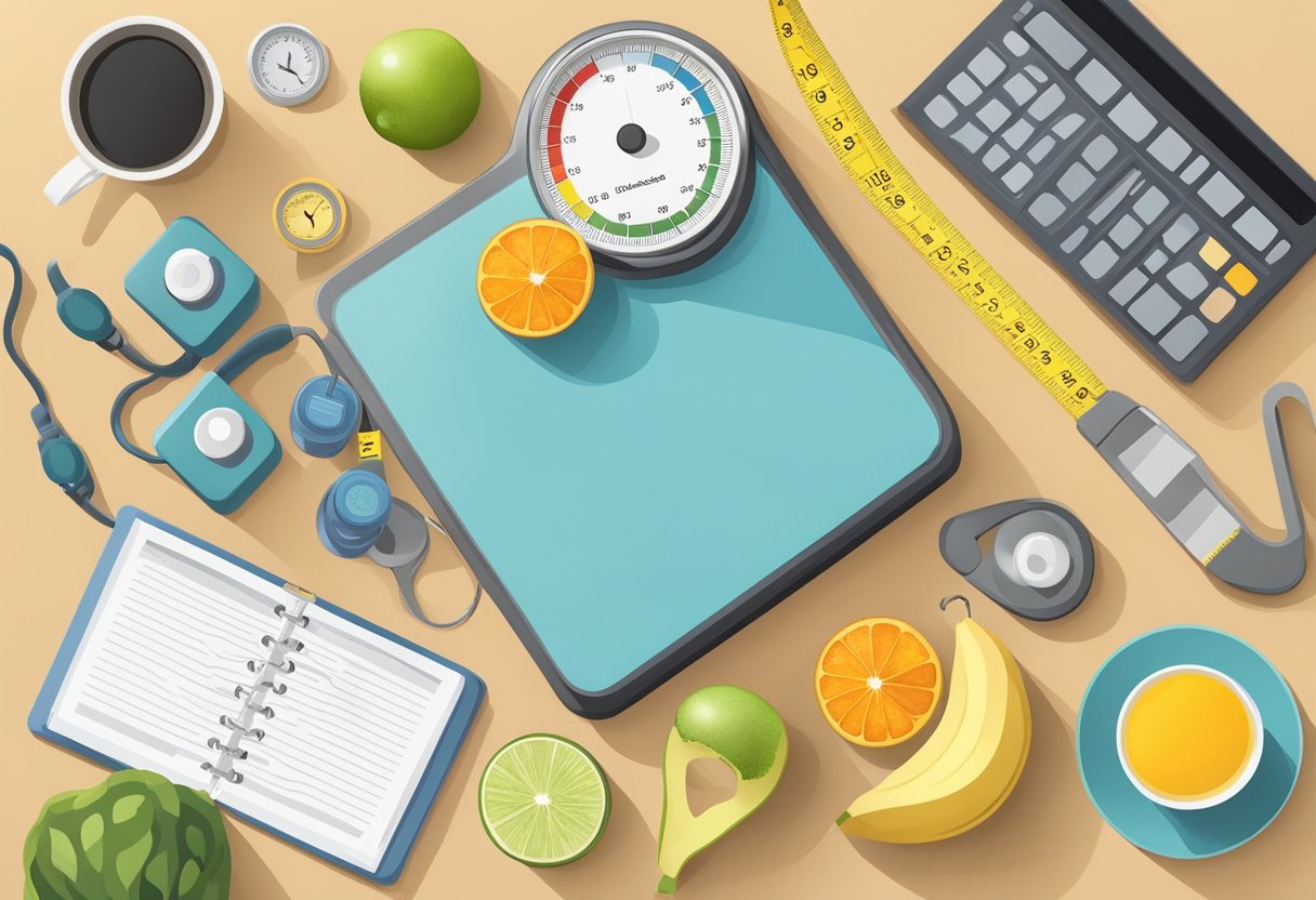 A scale surrounded by a tape measure, healthy food, exercise equipment, and a legal document on a desk