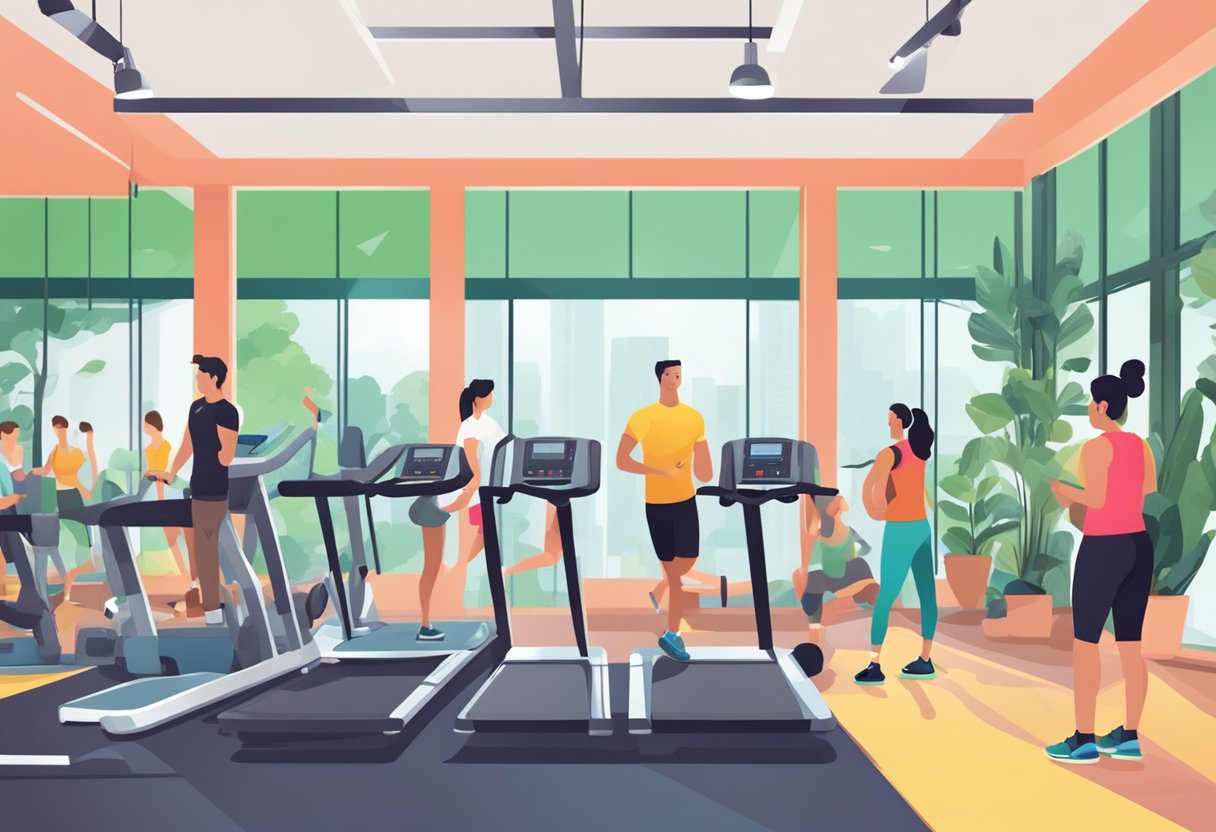 A vibrant gym with modern equipment and greenery, surrounded by people engaged in various fitness activities