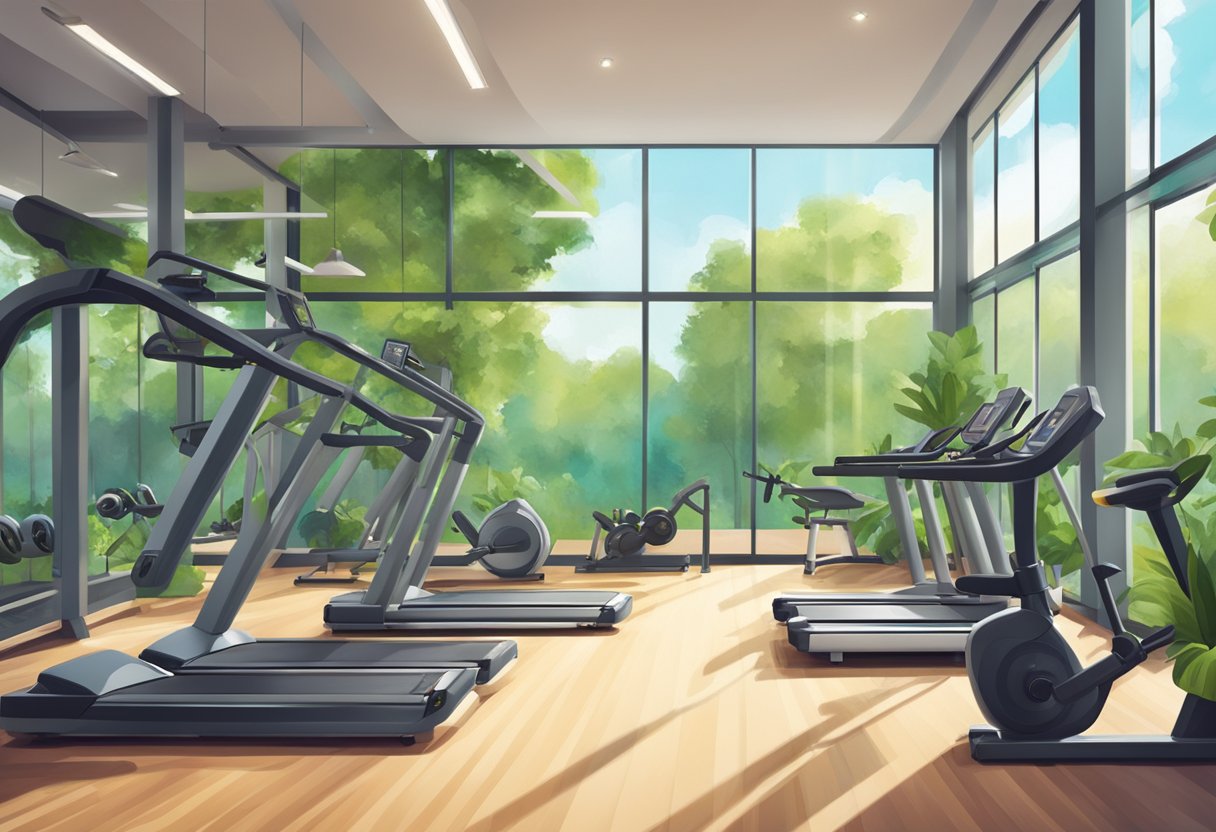 A vibrant gym with modern equipment and natural lighting, surrounded by lush greenery and a serene outdoor landscape