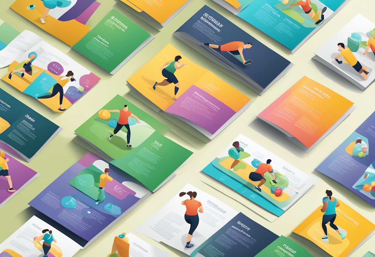 A person browsing through a variety of fitness and healthy lifestyle brochure templates, with images of exercise, healthy food, and active individuals