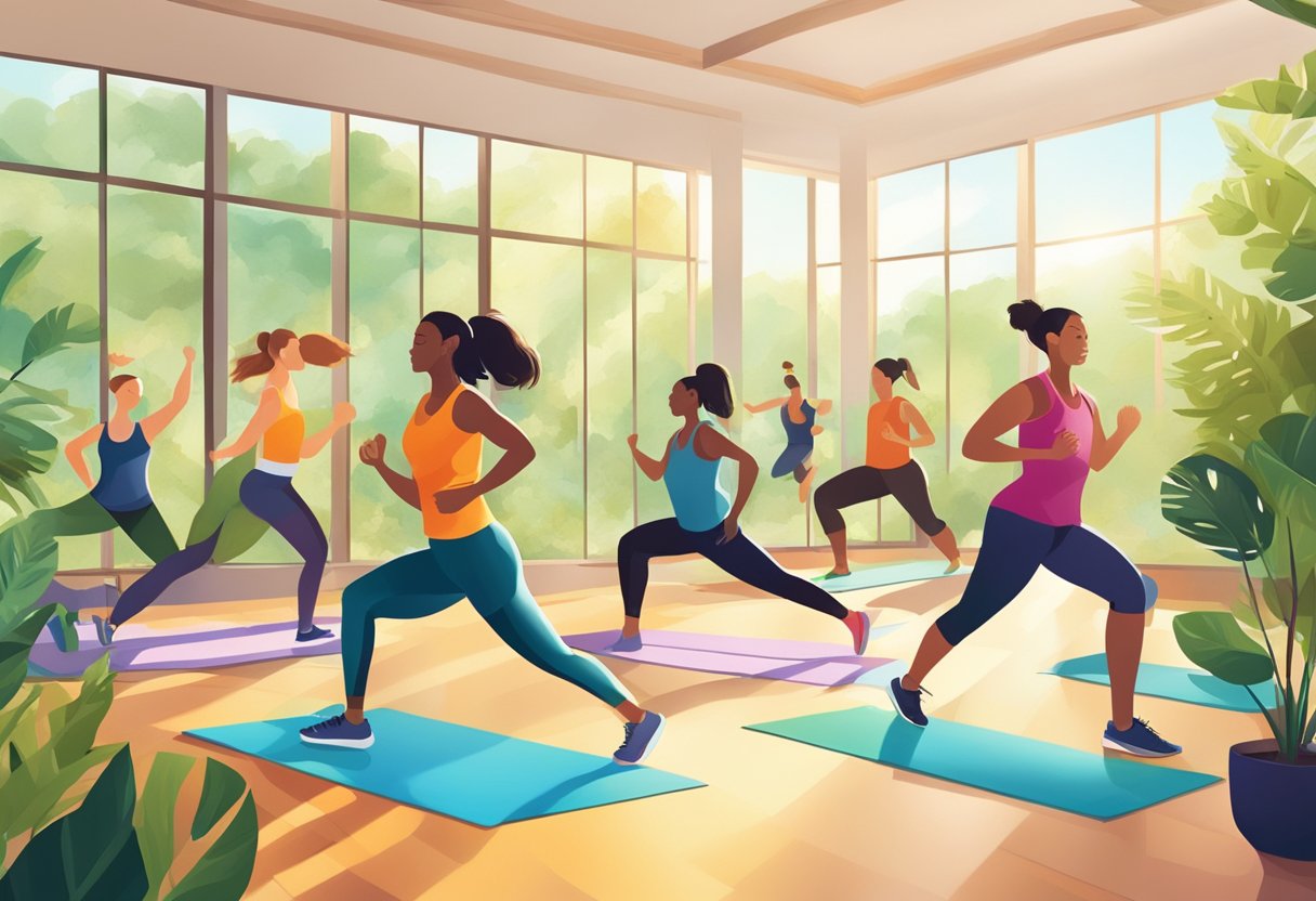 A vibrant scene of people participating in fitness and wellness activities, such as yoga, running, and weightlifting, surrounded by lush greenery and bright, natural light