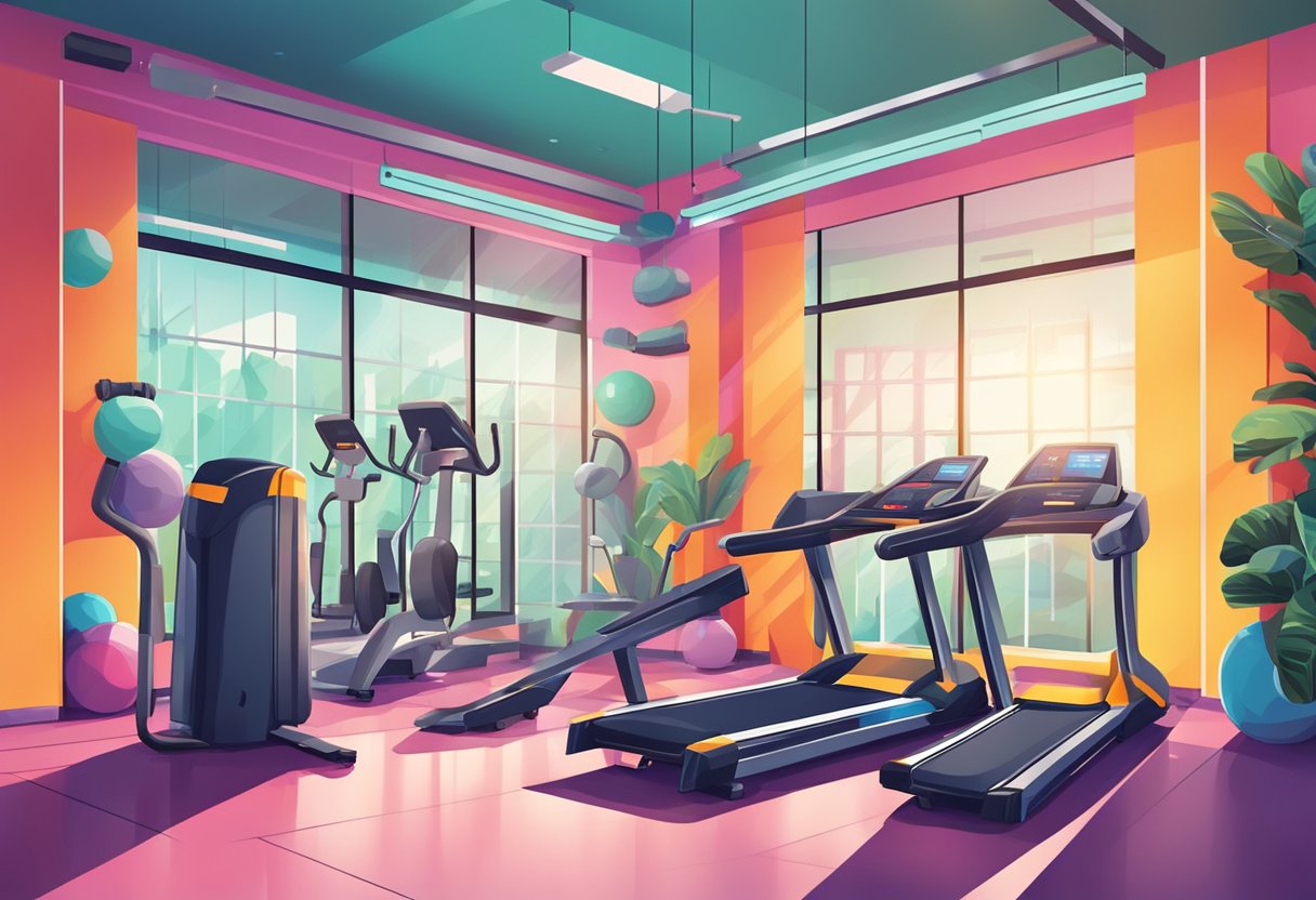 A vibrant gym with modern equipment and motivational posters. Bright, energetic colors and clean, organized layout