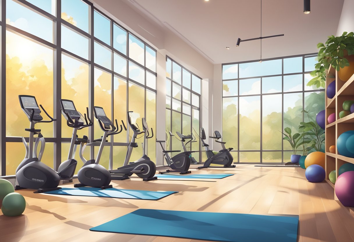 A vibrant gym with modern equipment, a bright and spacious workout area, and a serene yoga studio with natural lighting