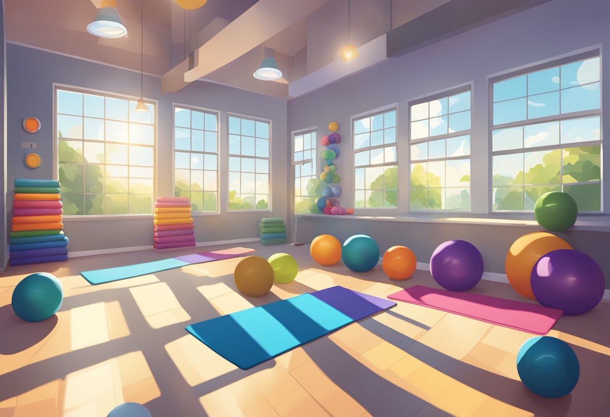 A vibrant gym with weights, yoga mats, and exercise balls. Sunlight streams through large windows, illuminating motivational posters on the walls