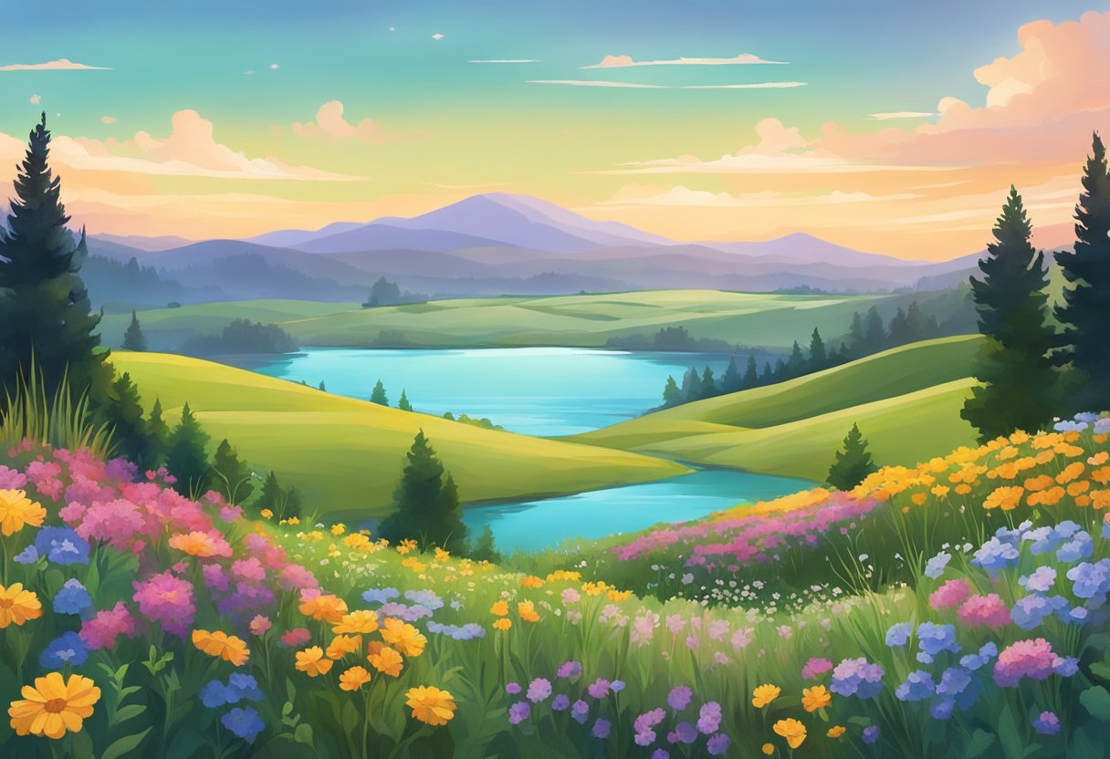 A serene landscape with rolling hills, a tranquil lake, and vibrant wildflowers, evoking a sense of mental and emotional wellness