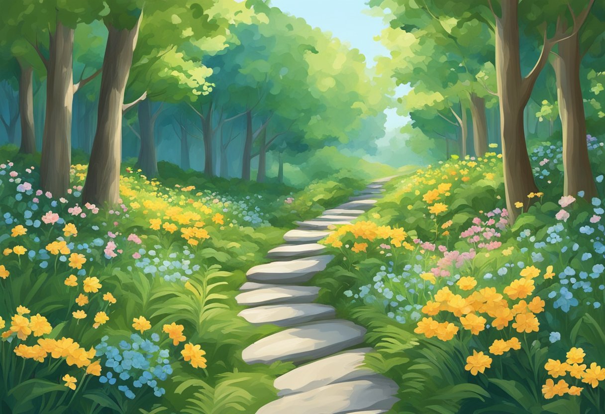 A serene forest with a winding path, surrounded by lush greenery and blooming flowers, with a clear blue sky overhead