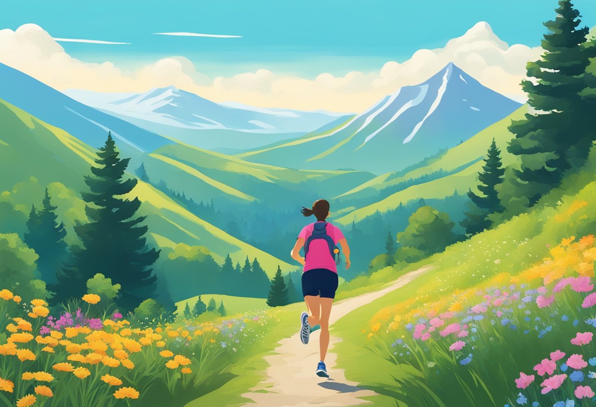 A person running along a scenic mountain trail, surrounded by lush greenery and vibrant wildflowers, with a clear blue sky overhead