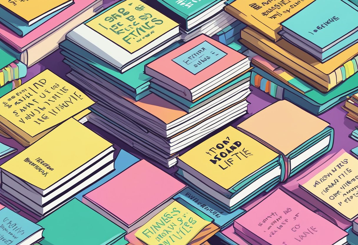 A stack of fitness and healthy lifestyle books surrounded by motivational quotes on sticky notes