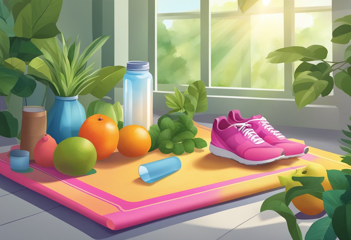 A vibrant scene of a yoga mat, running shoes, fresh fruits, and a water bottle, surrounded by greenery and sunlight