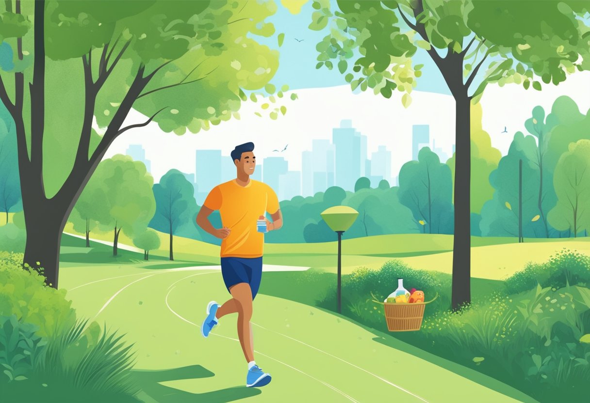 A person jogging through a green park, surrounded by trees and a clear blue sky, with a water bottle and healthy snacks in a nearby picnic basket