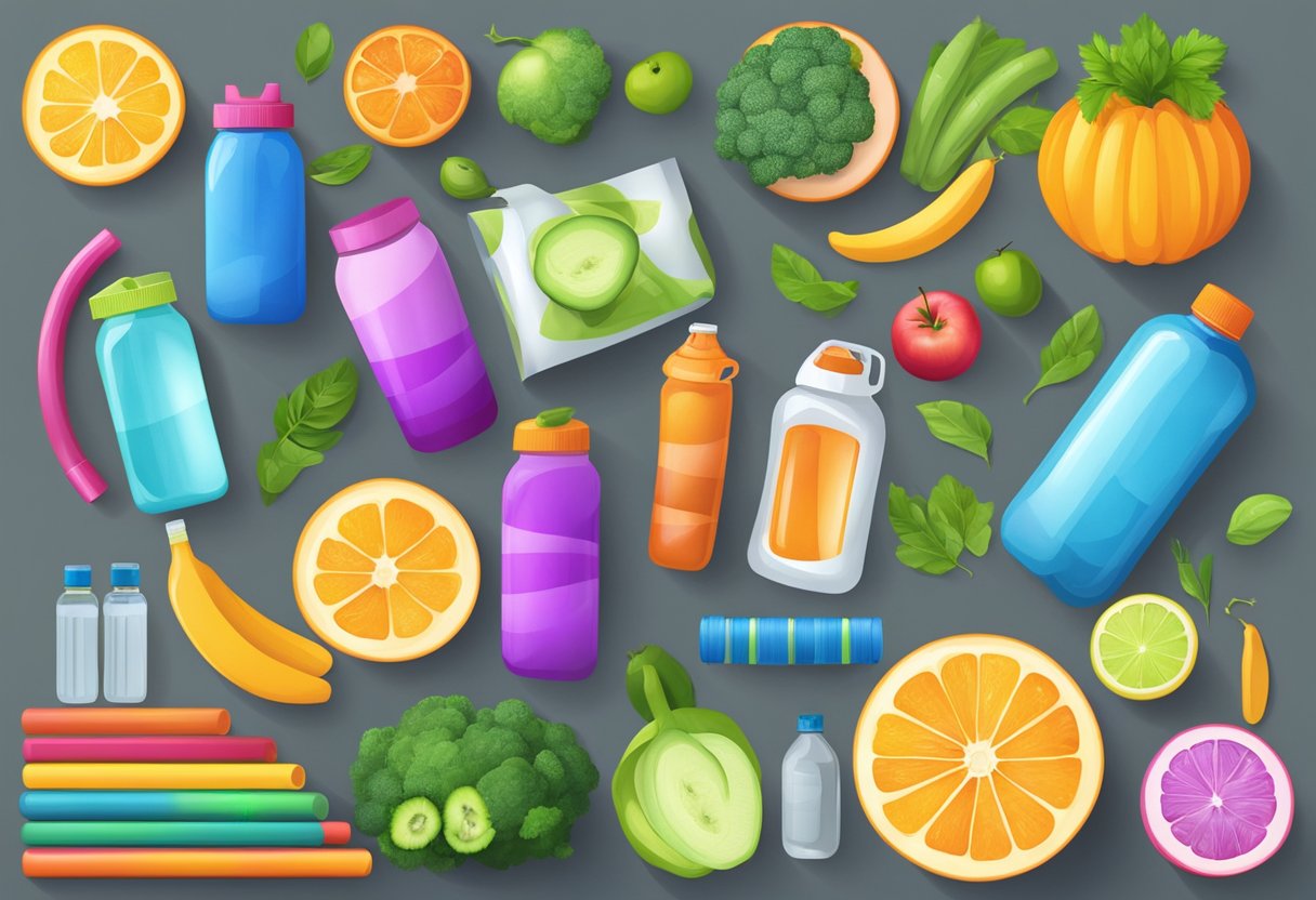 A vibrant display of fitness and healthy lifestyle products, including yoga mats, water bottles, resistance bands, and fresh fruits and vegetables