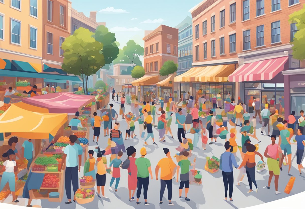 A bustling marketplace filled with colorful fitness and healthy lifestyle products, surrounded by a community of people browsing and interacting