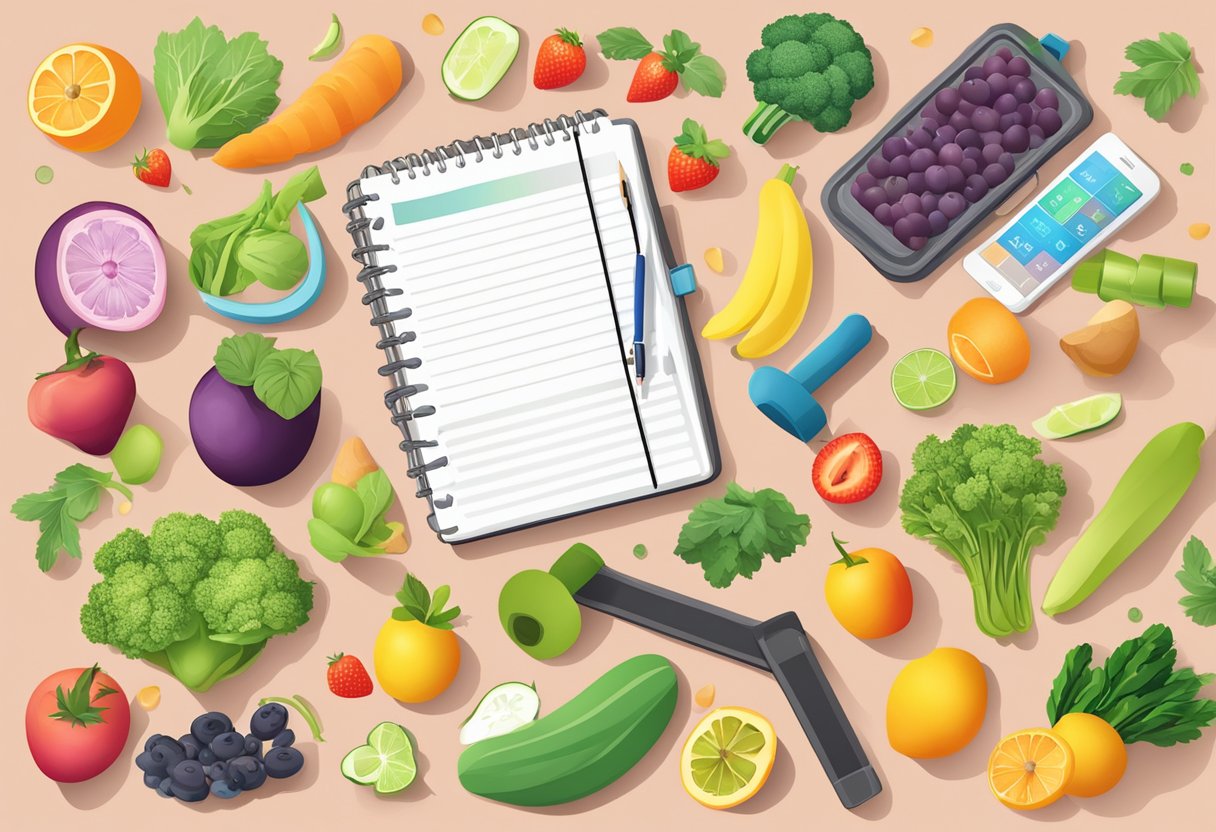 A colorful fitness planner surrounded by fresh fruits, vegetables, and workout equipment