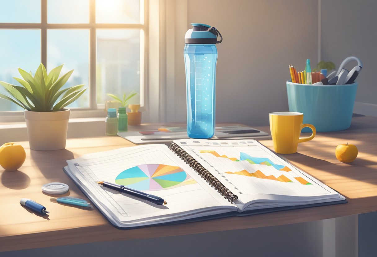 A desk with a fitness planner, water bottle, and workout gear. A laptop displays wellness progress charts. Sunlight streams through a window