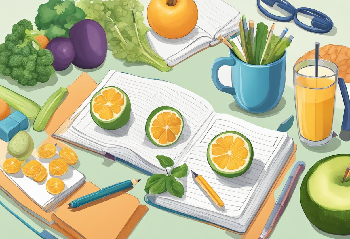 A person writing in a journal surrounded by fitness equipment and healthy foods