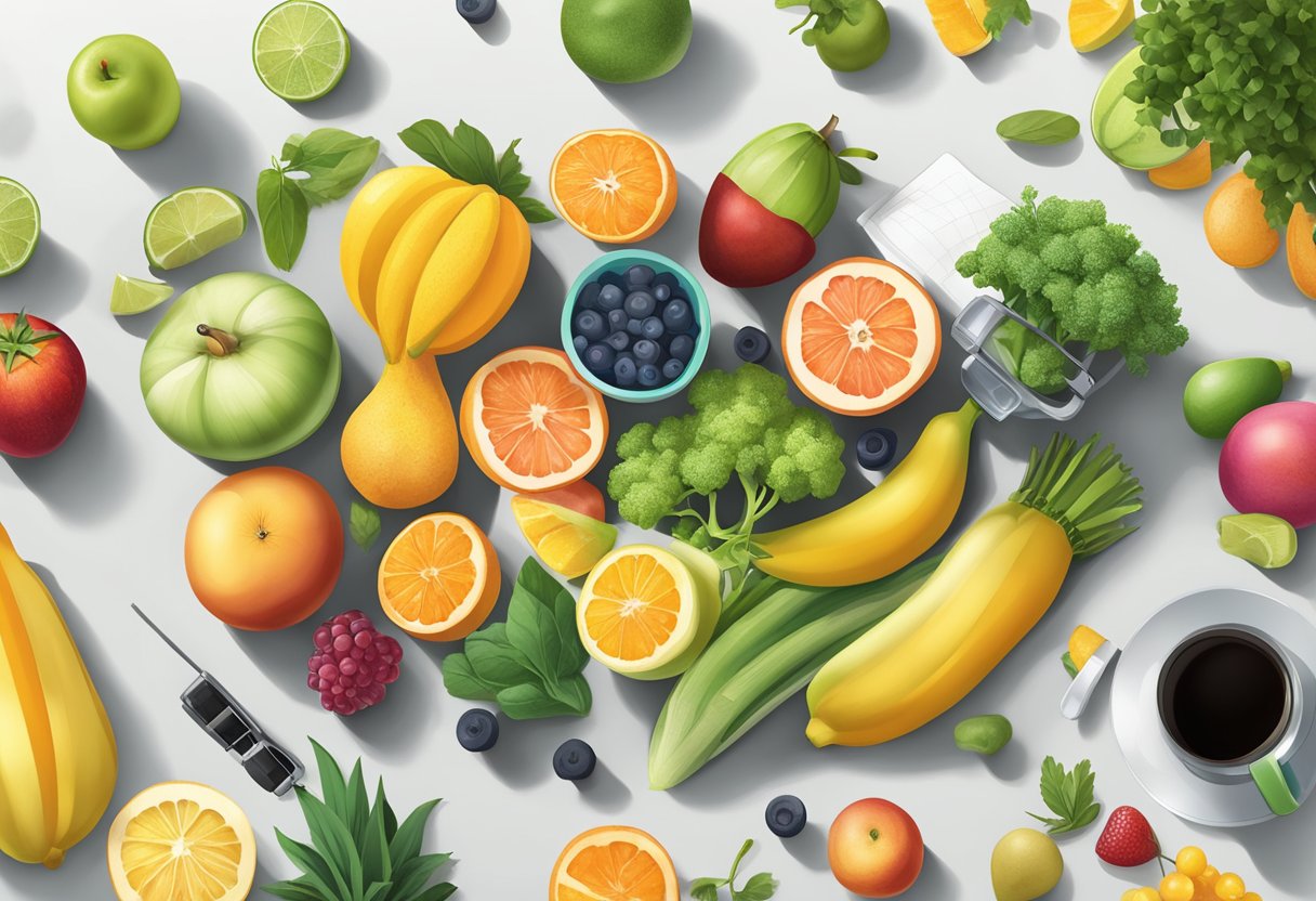 A person's fitness journey: a planner surrounded by fruits, vegetables, exercise equipment, and a water bottle, symbolizing a balanced and healthy lifestyle