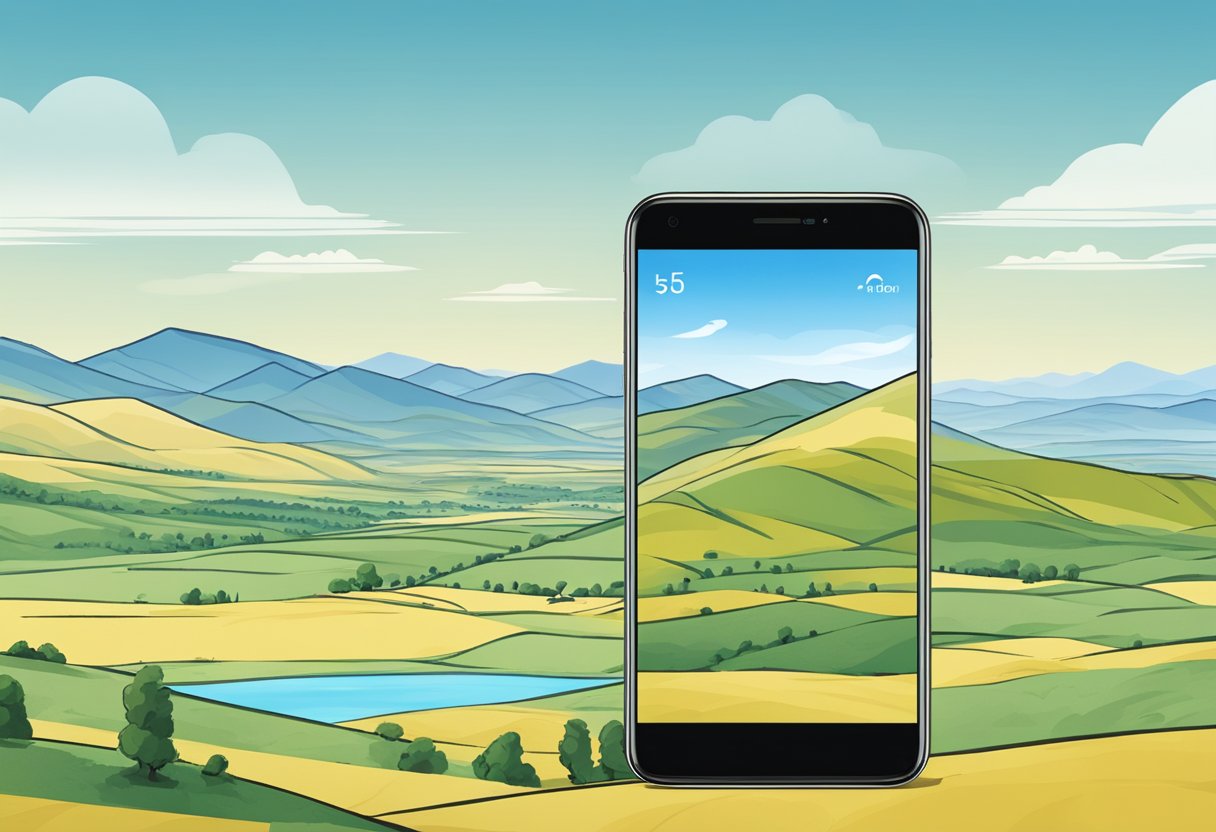 A serene Mongolian landscape with rolling hills and a clear blue sky, with a smartphone displaying the OneFit Mongolia app open on the screen