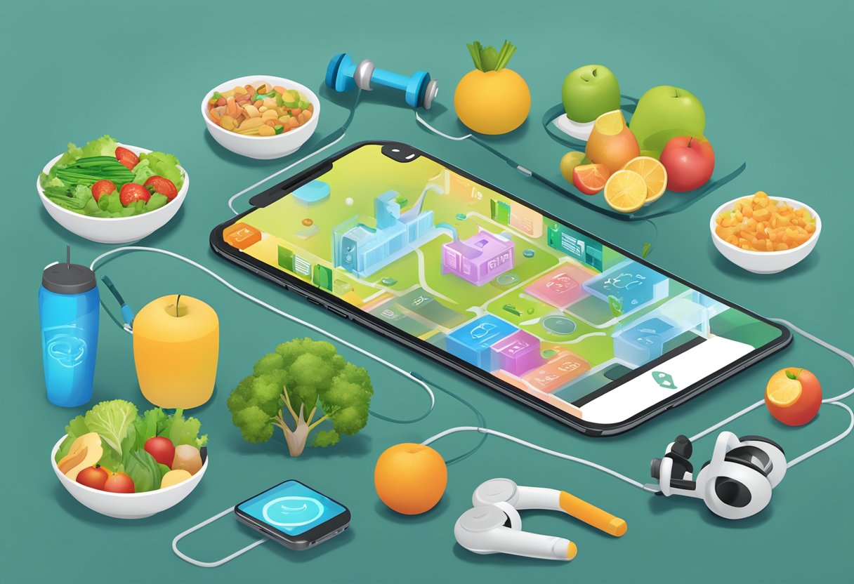 A smartphone displaying the onefit mongolia app surrounded by exercise equipment and healthy food items