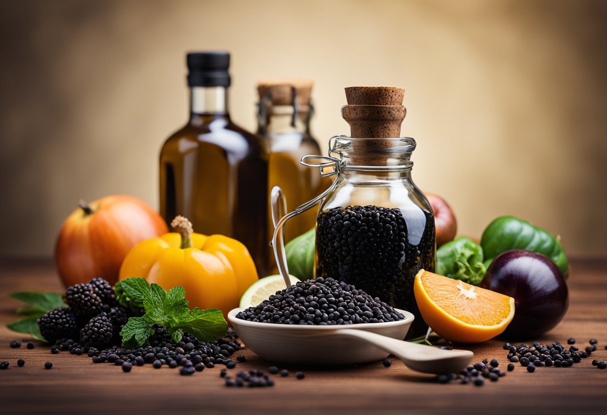 A bottle of black seed oil surrounded by various fruits and vegetables, with a measuring spoon and a scale nearby