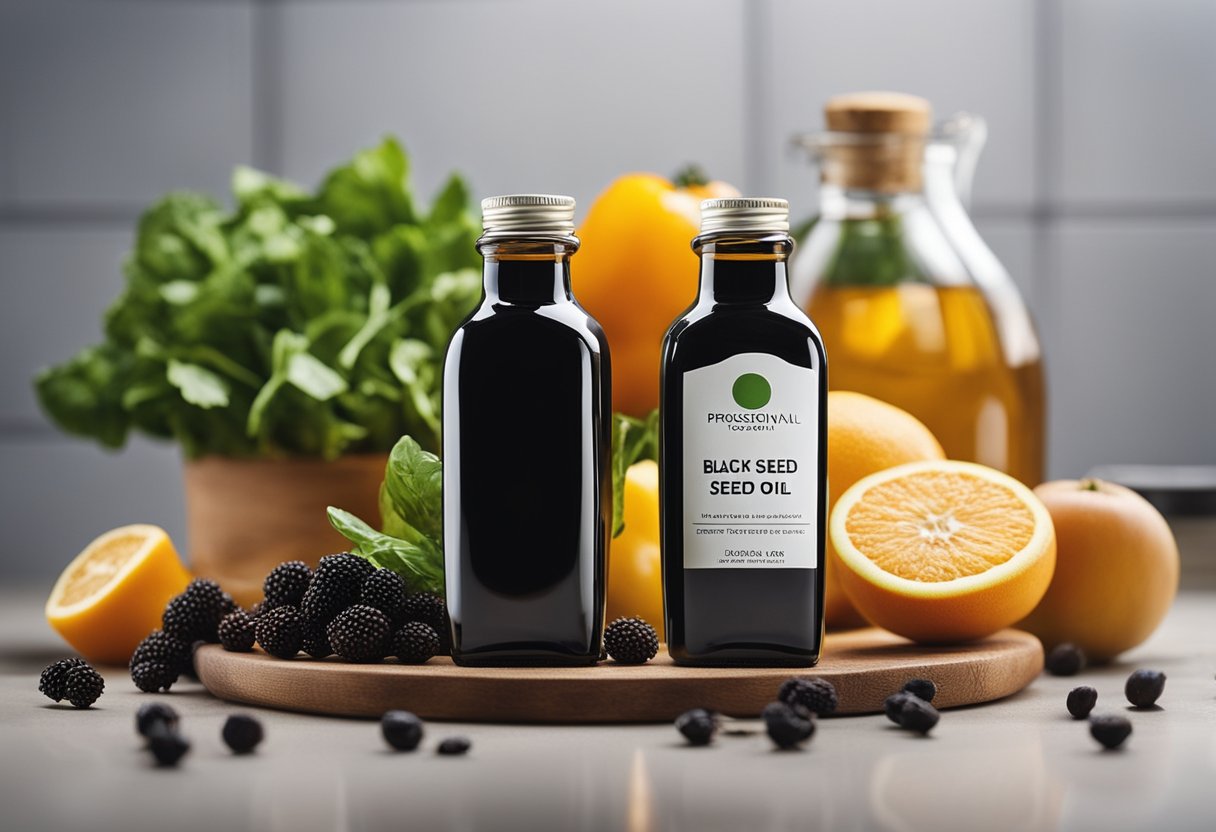 A bottle of black seed oil surrounded by fresh fruits and vegetables on a kitchen counter