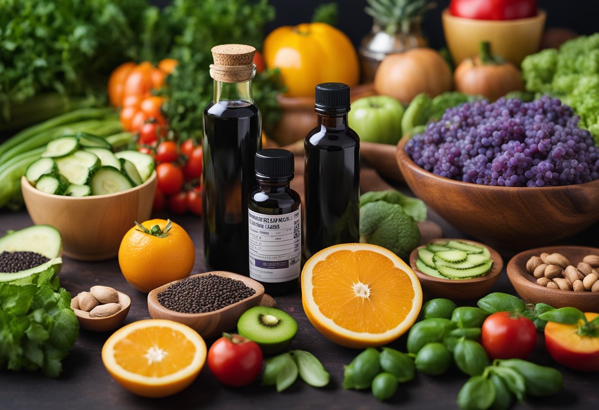 A bottle of thymoquinone black seed oil surrounded by various fruits and vegetables, a measuring tape, and a pair of running shoes