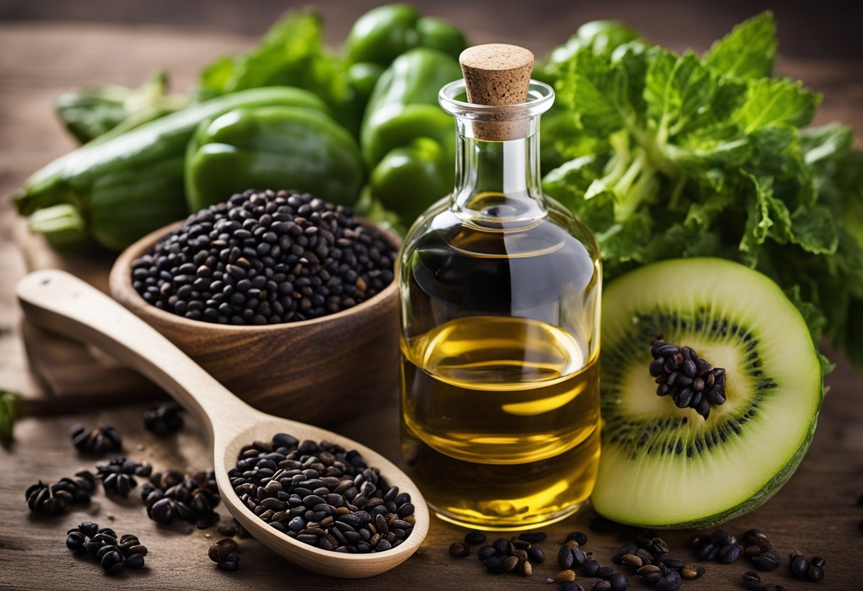 A bottle of black seed oil surrounded by various fruits and vegetables, with a measuring spoon and a weight scale nearby