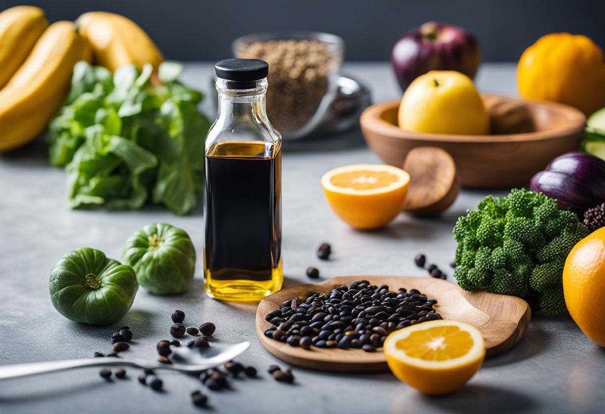 A bottle of black seed oil surrounded by various fruits and vegetables, with a measuring spoon and a glass of water, on a kitchen countertop