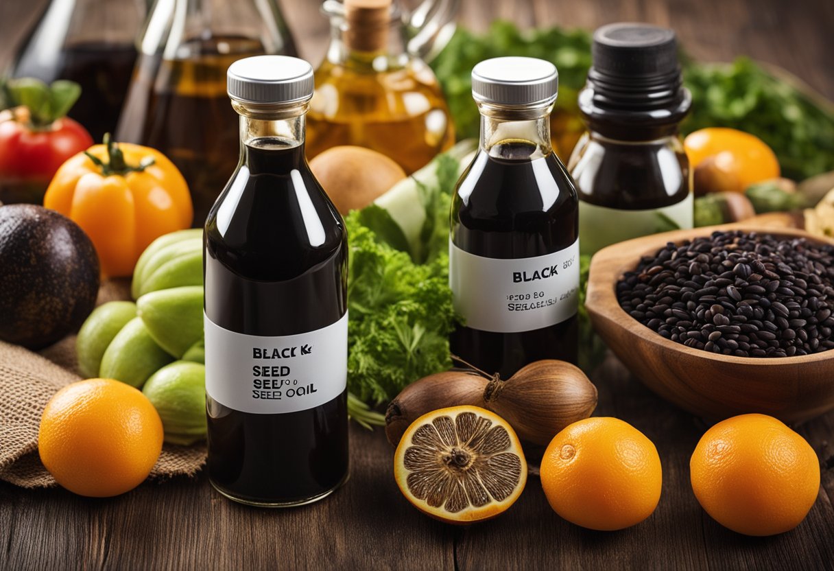 A bottle of black seed oil surrounded by various fruits and vegetables, with a tape measure and scale in the background