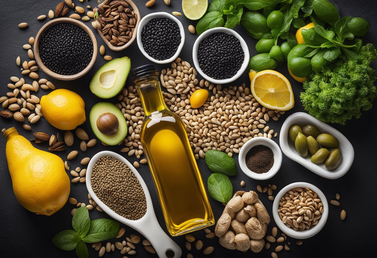 A bottle of black seed oil surrounded by healthy foods and a measuring tape, symbolizing weight management