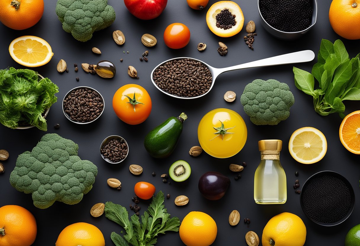 A bottle of black seed oil surrounded by various fruits and vegetables, with a measuring spoon and a weight scale nearby