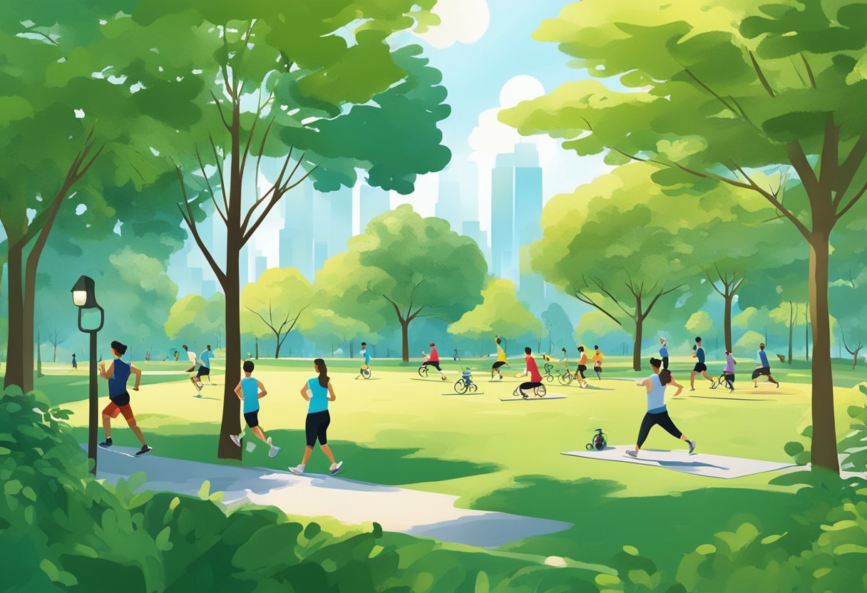 A vibrant park with people jogging, cycling, and doing yoga, surrounded by lush greenery and clear blue skies