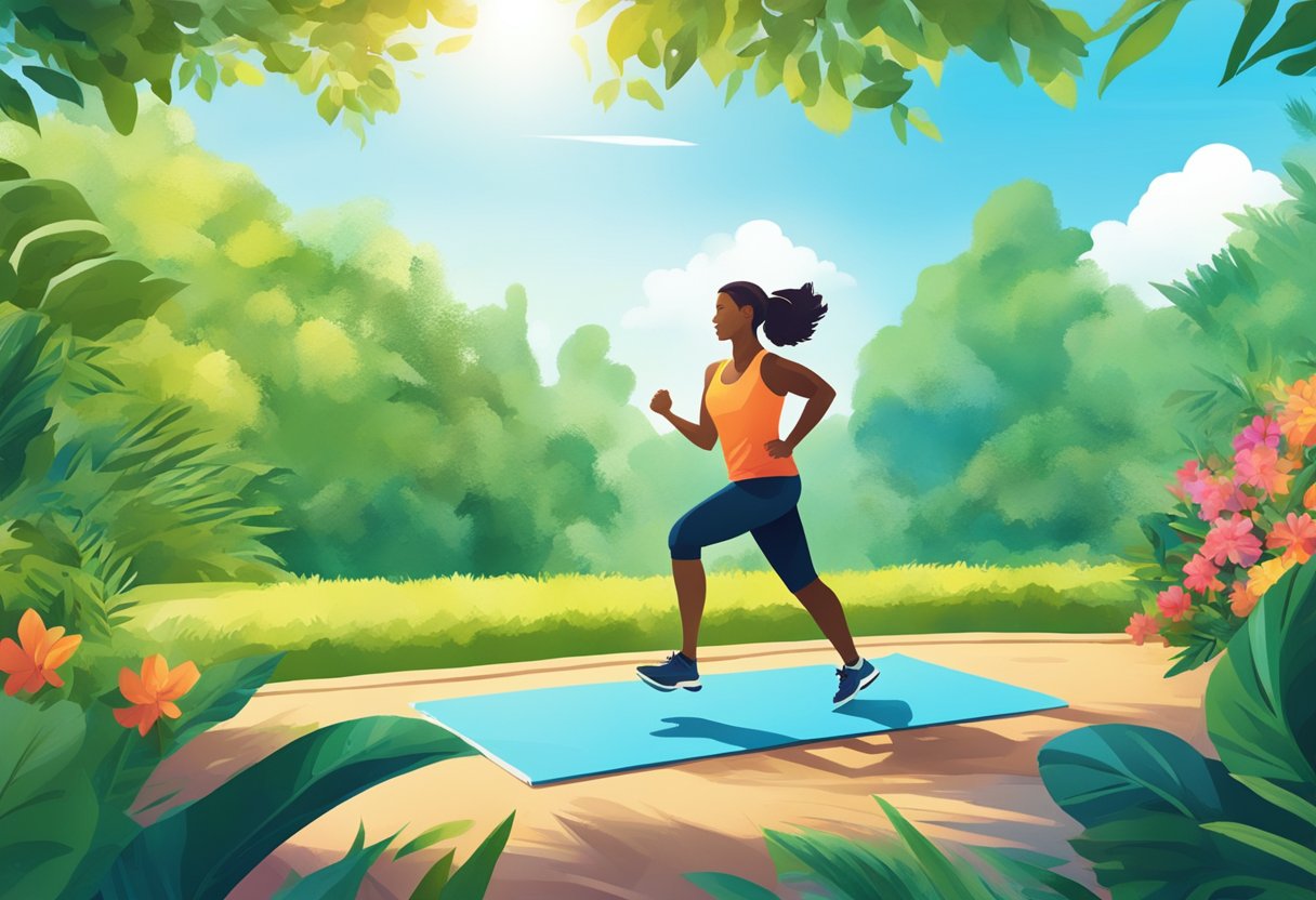 A vibrant scene of a person exercising outdoors, surrounded by lush greenery and bright blue skies, showcasing the importance of physical fitness and a healthy lifestyle