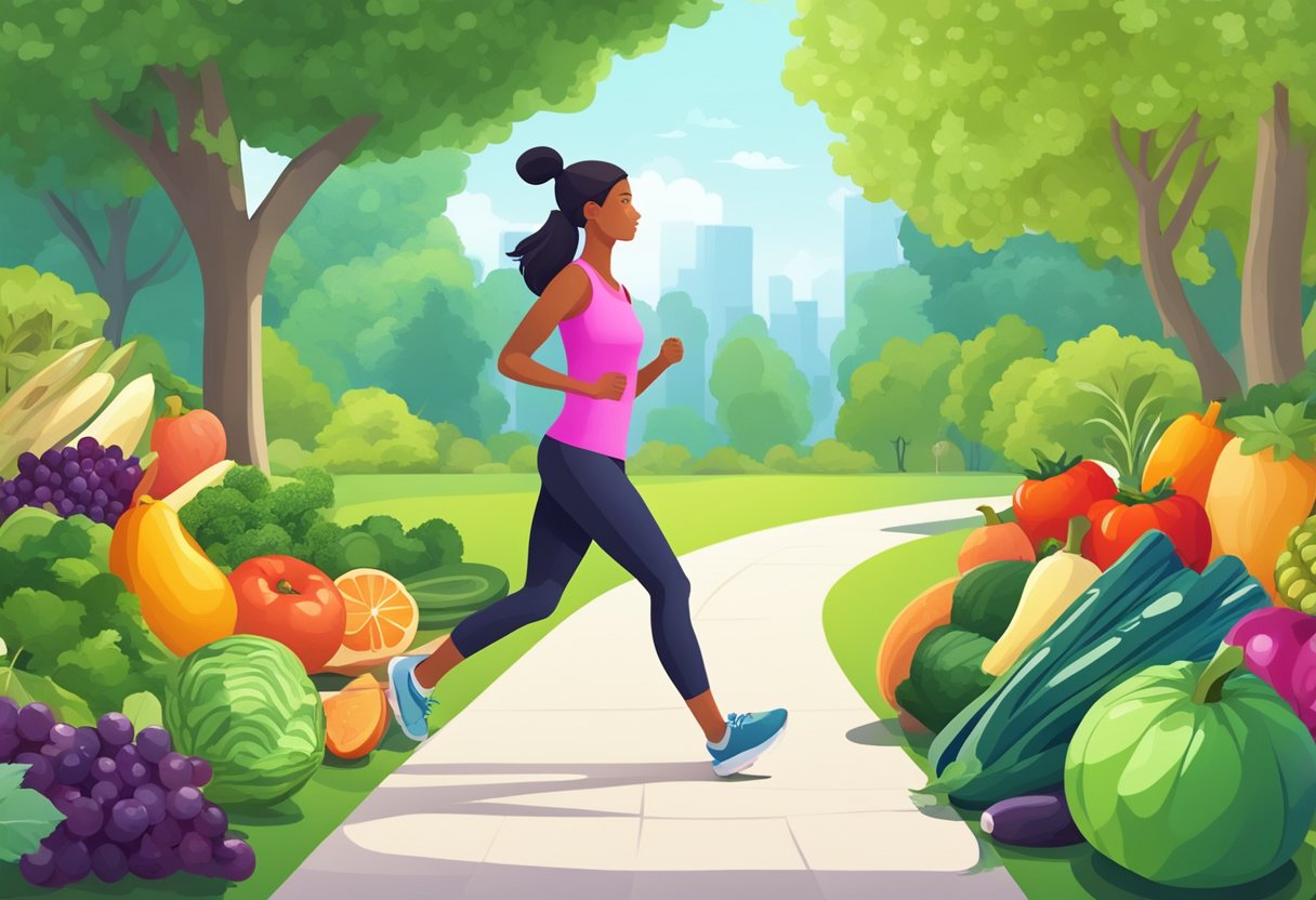 A vibrant scene of a person jogging in a lush park, surrounded by fresh fruits and vegetables, with a yoga mat and water bottle nearby