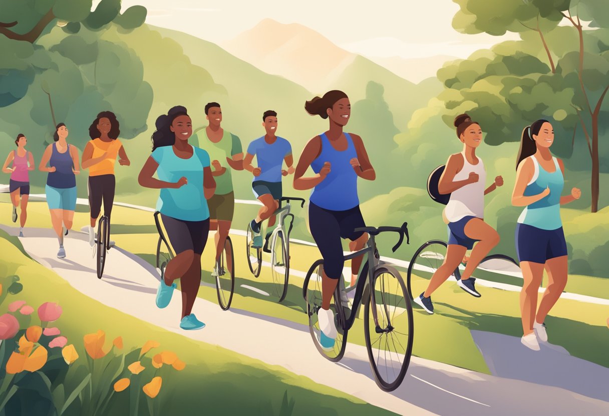 A diverse group of people engaging in various physical activities such as running, cycling, and yoga in a scenic outdoor setting