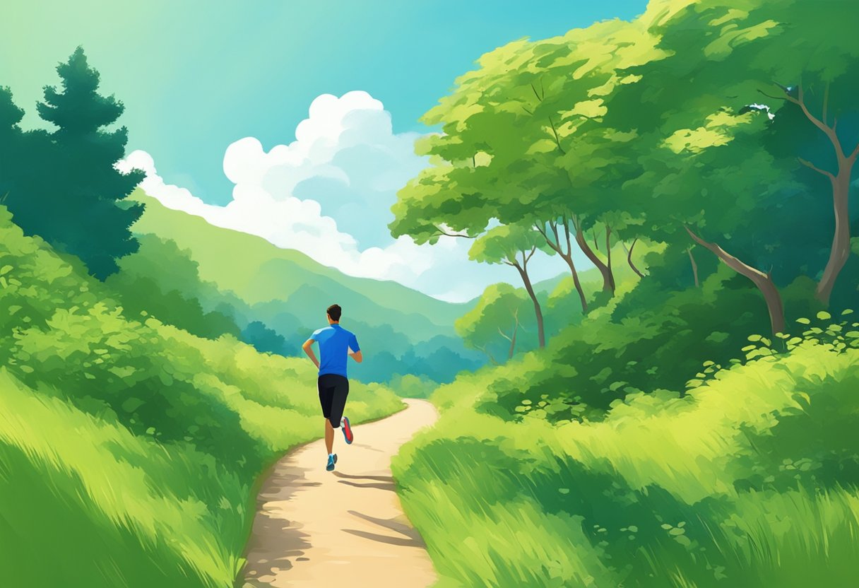 A person running on a scenic trail with lush green trees and a bright blue sky in the background