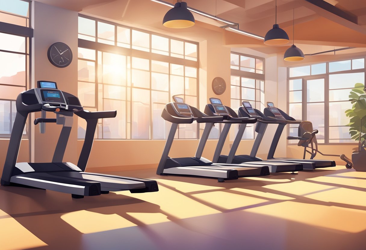 A vibrant gym with various exercise equipment and motivational posters on the walls. Sunlight streams in through large windows, casting a warm glow over the space