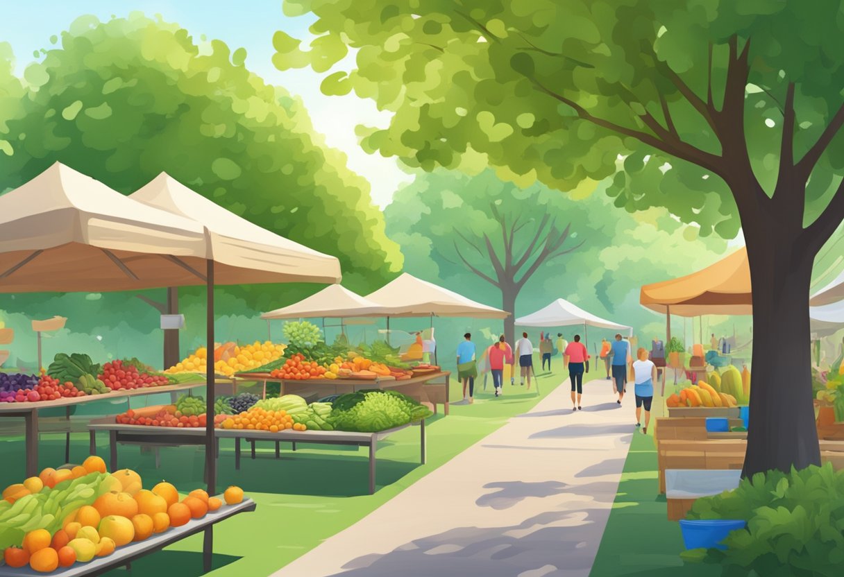 A lush green park with a jogging trail, yoga mats, and exercise equipment under the shade of trees. A farmer's market with fresh fruits and vegetables in the background