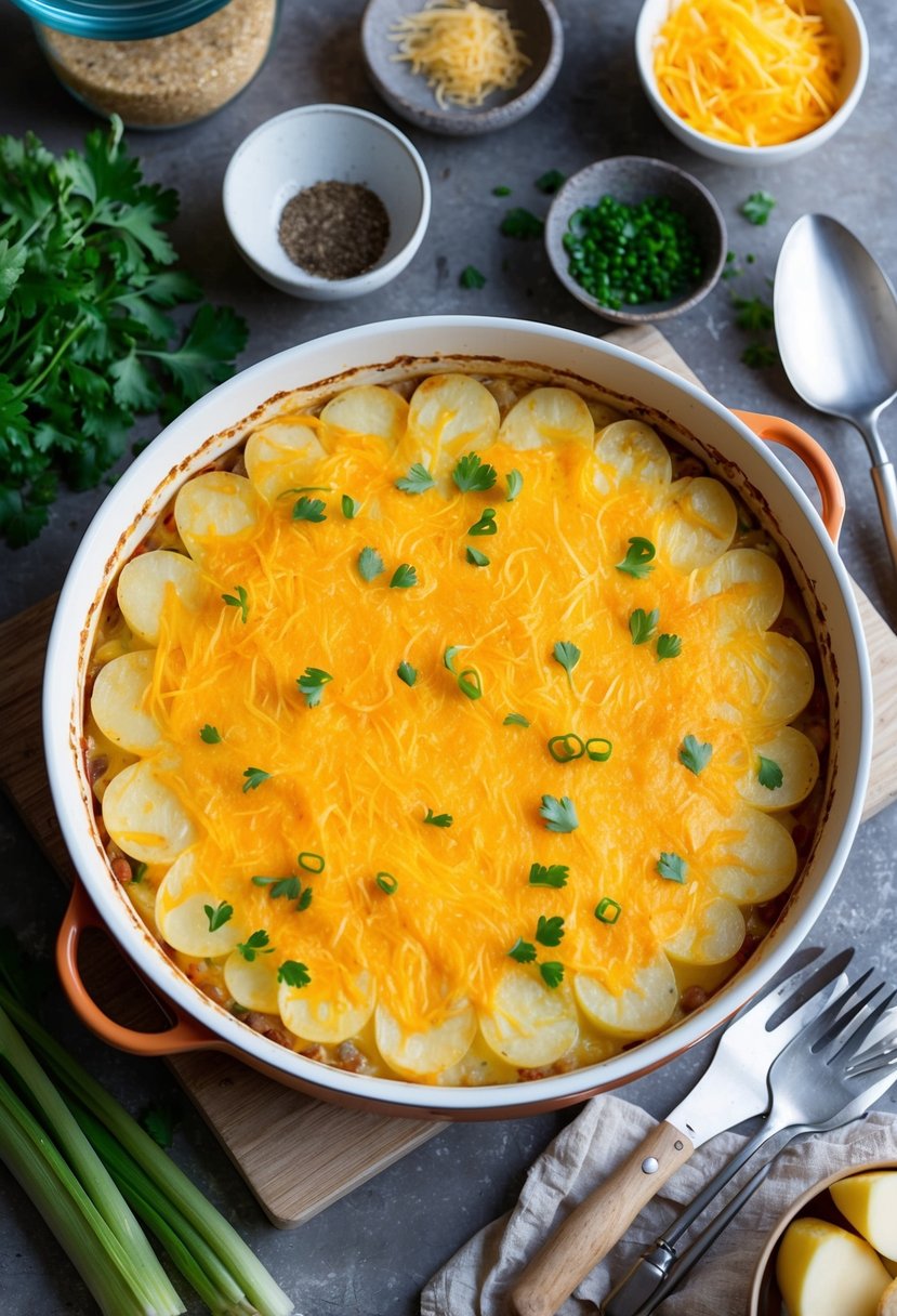 A rustic kitchen scene with a bubbling casserole dish of cheesy scalloped potatoes surrounded by fresh ingredients and cooking utensils