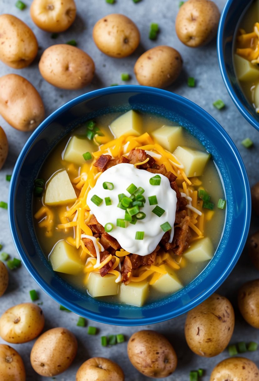 A steaming bowl of loaded baked potato soup surrounded by scattered potato recipes