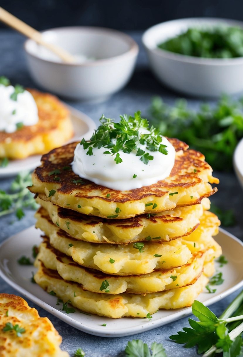 A stack of golden brown potato pancakes surrounded by fresh herbs and a dollop of sour cream
