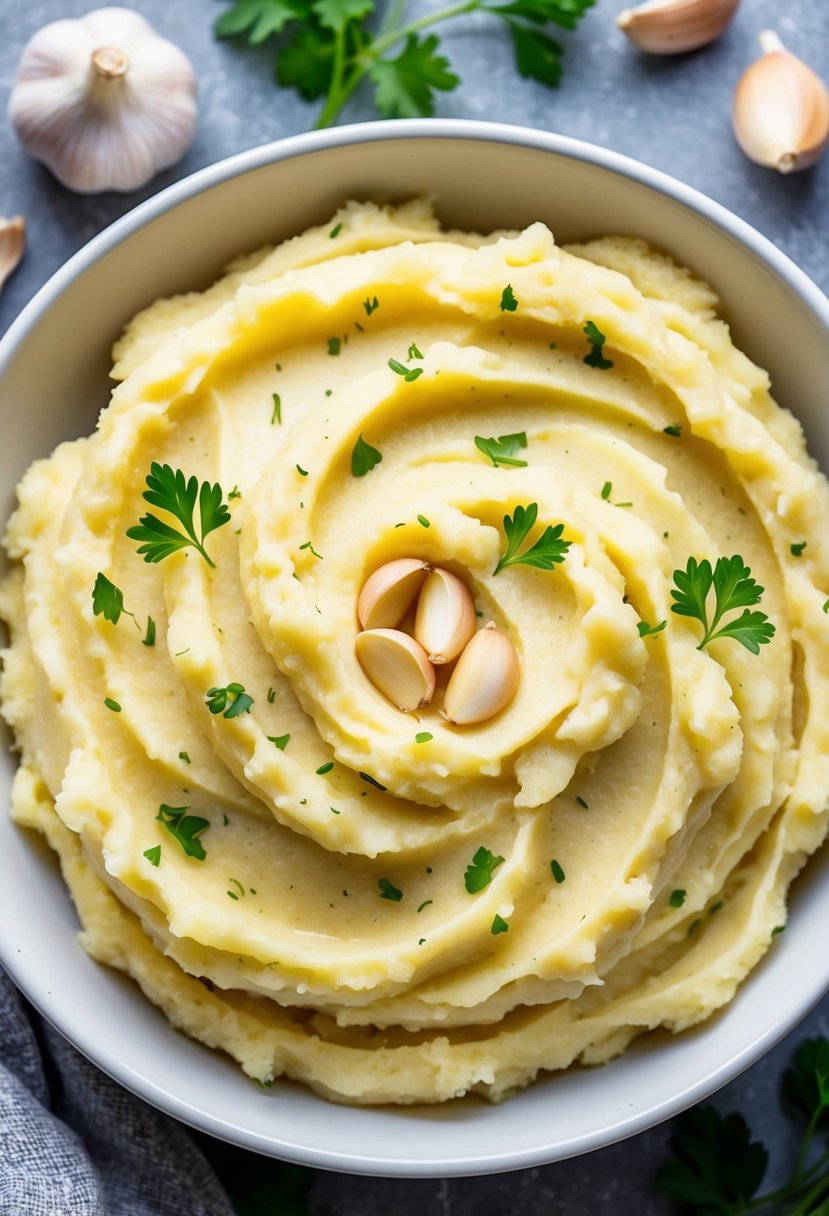 A bowl of creamy garlic mashed potatoes surrounded by scattered whole garlic cloves and sprigs of fresh parsley