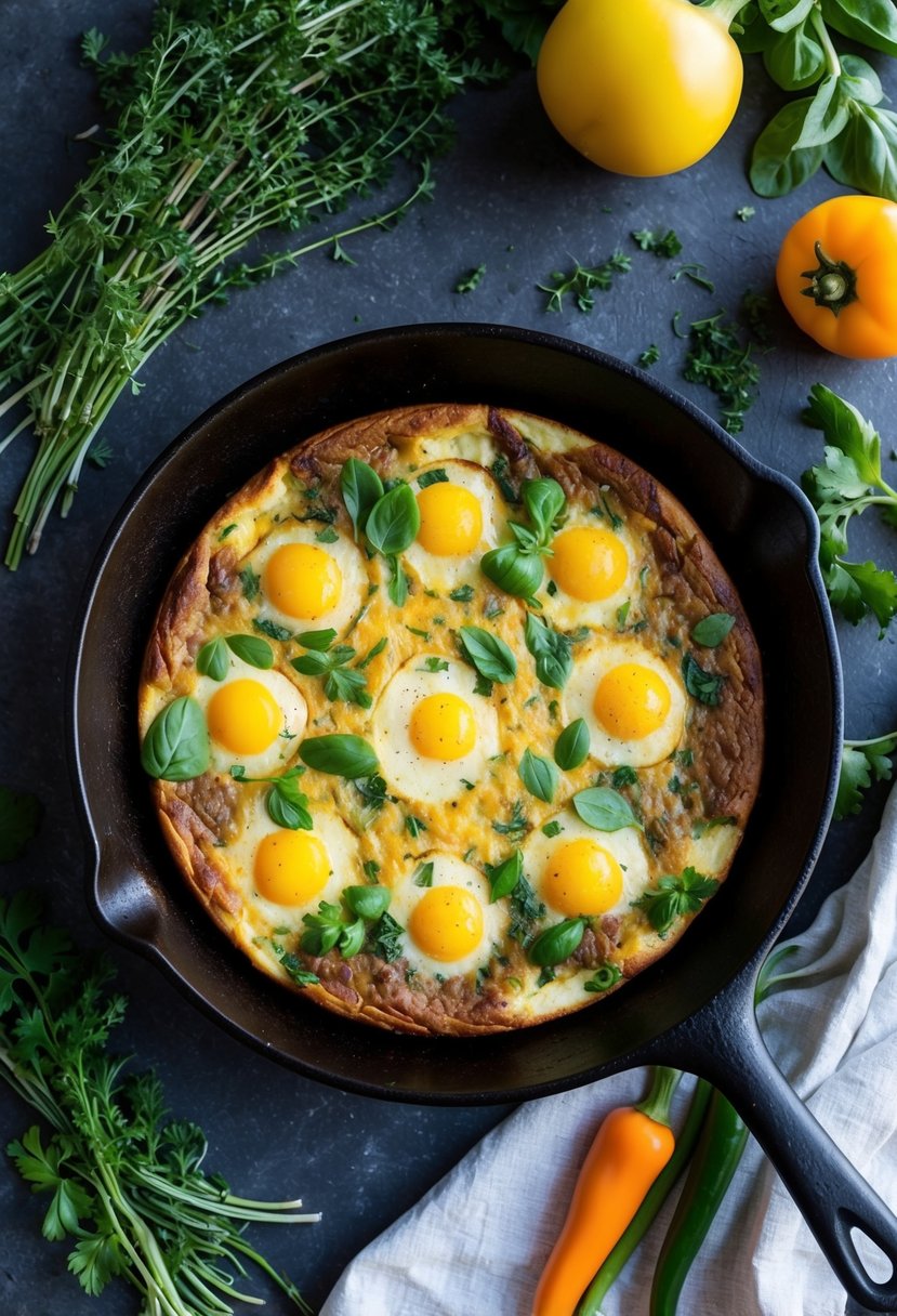 A sizzling potato frittata cooks in a cast iron skillet, surrounded by fresh herbs and colorful vegetables