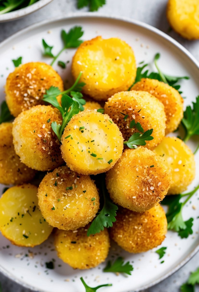 A plate of golden potato croquettes surrounded by fresh herbs and a sprinkle of seasoning