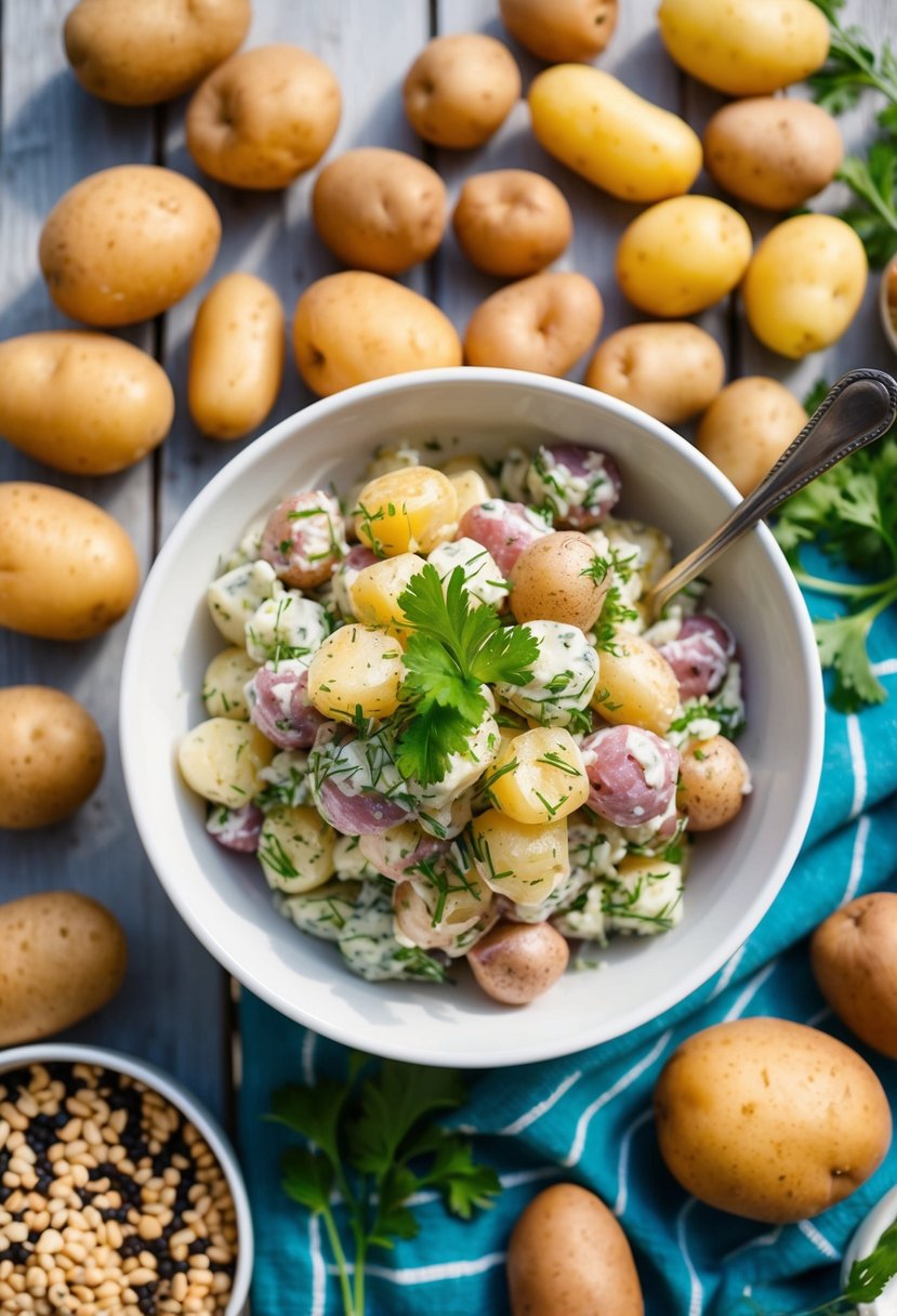 A picnic table with a bowl of potato salad surrounded by 25 different types of potatoes and various ingredients
