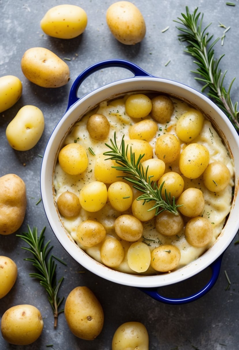 A rustic kitchen counter with a baking dish of creamy Dauphinoise Potatoes, surrounded by scattered peeled potatoes and a sprig of rosemary