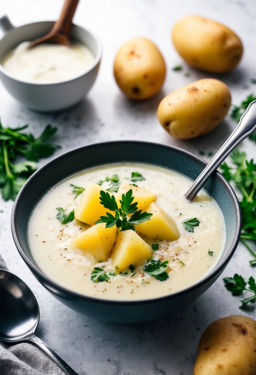 A steaming bowl of creamy potato soup surrounded by fresh potatoes, herbs, and a ladle