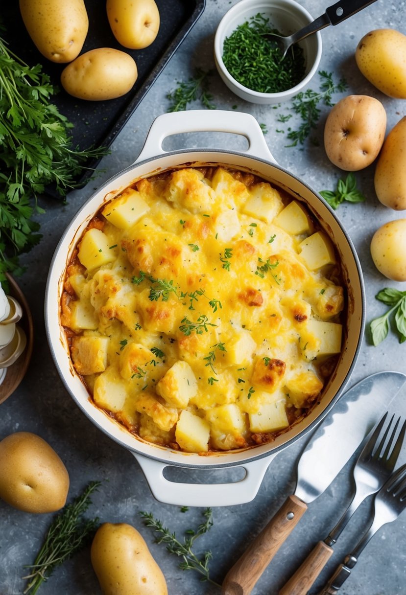 A rustic kitchen with a bubbling potato casserole in a ceramic dish surrounded by fresh potatoes, herbs, and cooking utensils