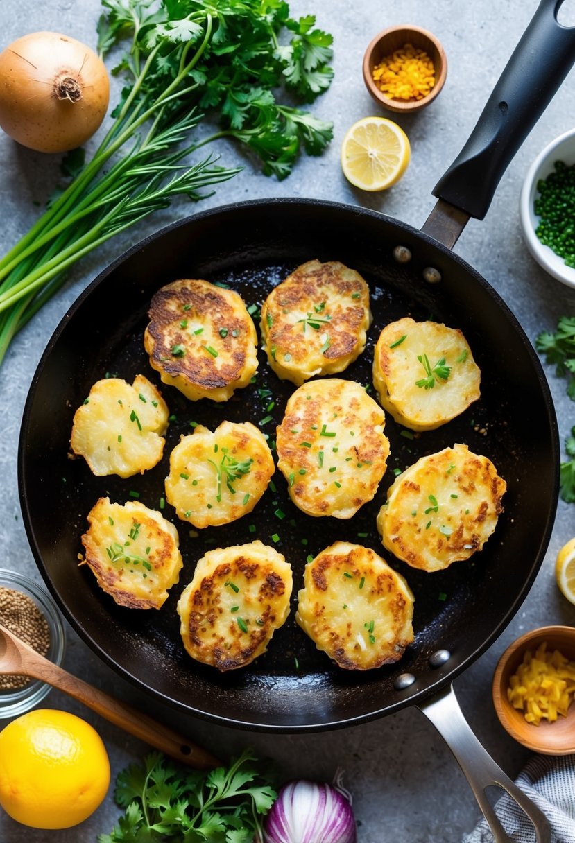 A sizzling skillet of golden-brown potato latkes surrounded by a variety of fresh ingredients and cooking utensils
