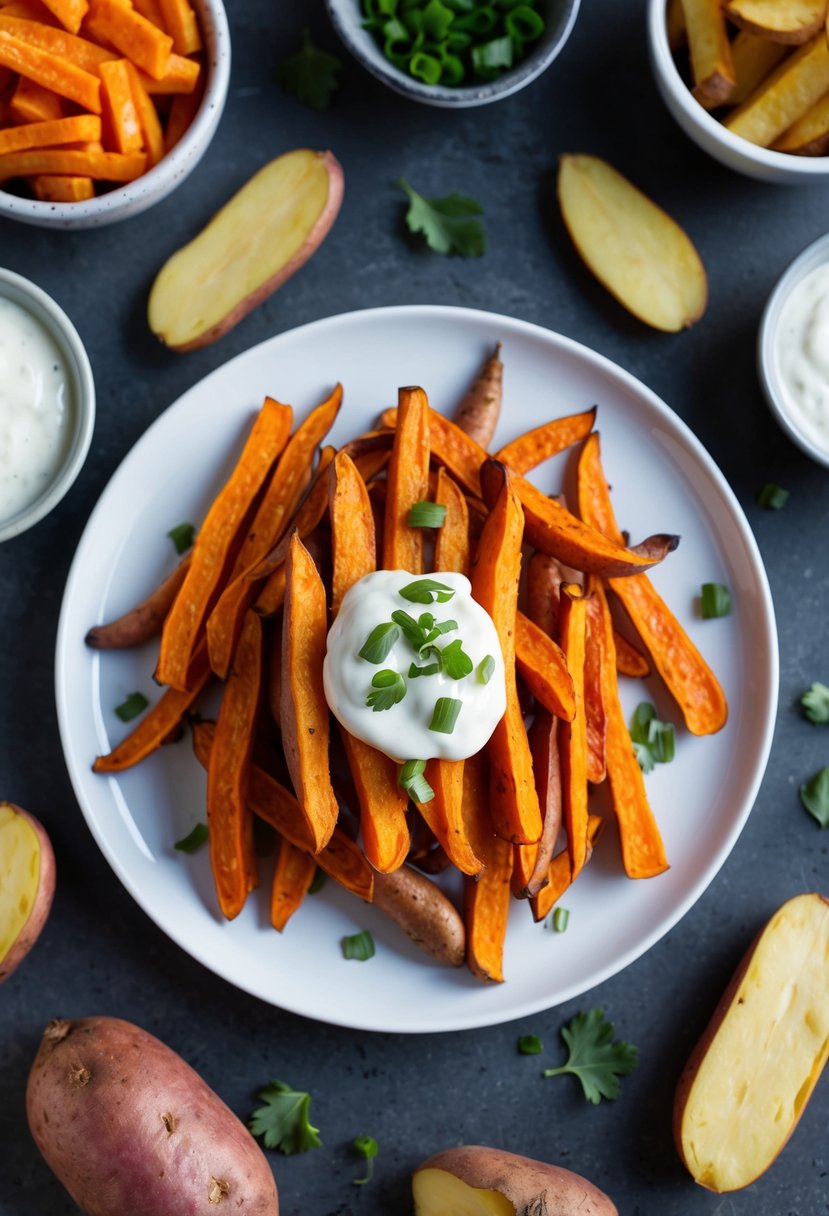 A plate of sweet potato fries surrounded by various potato recipes